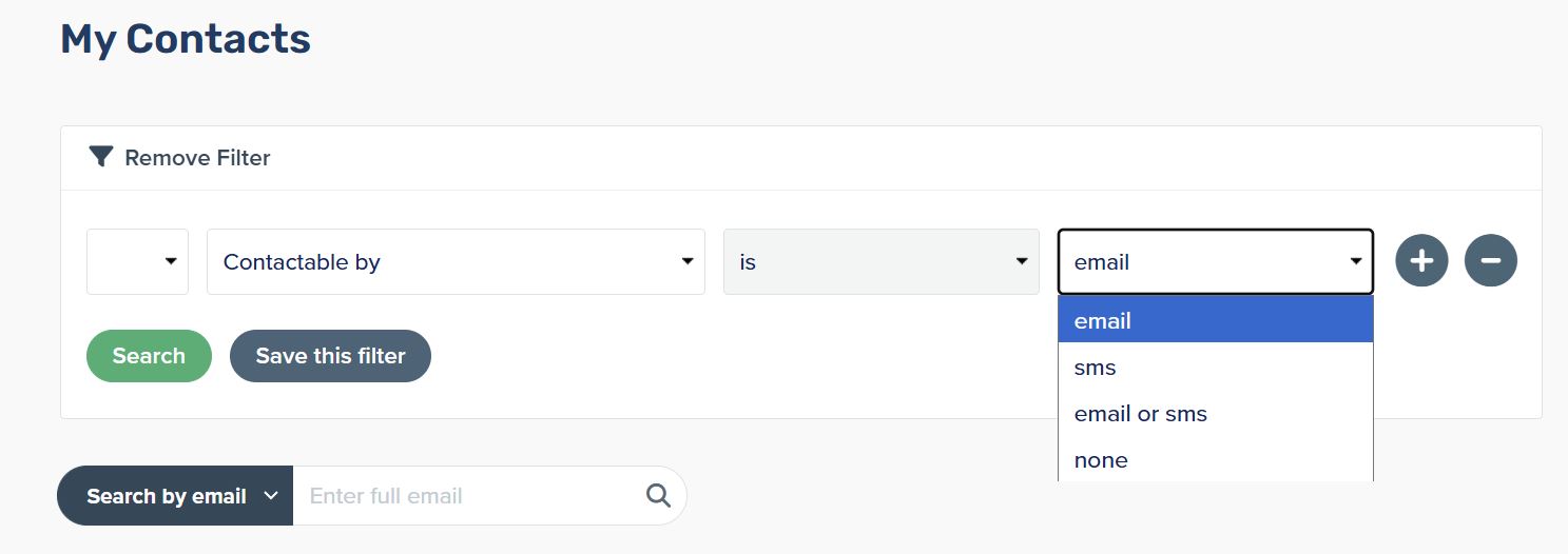 Contactable by options include email, sms, email or sms, and none