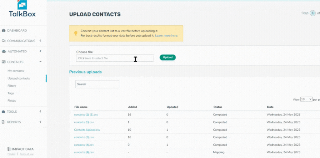 Upload CSV file to TalkBox